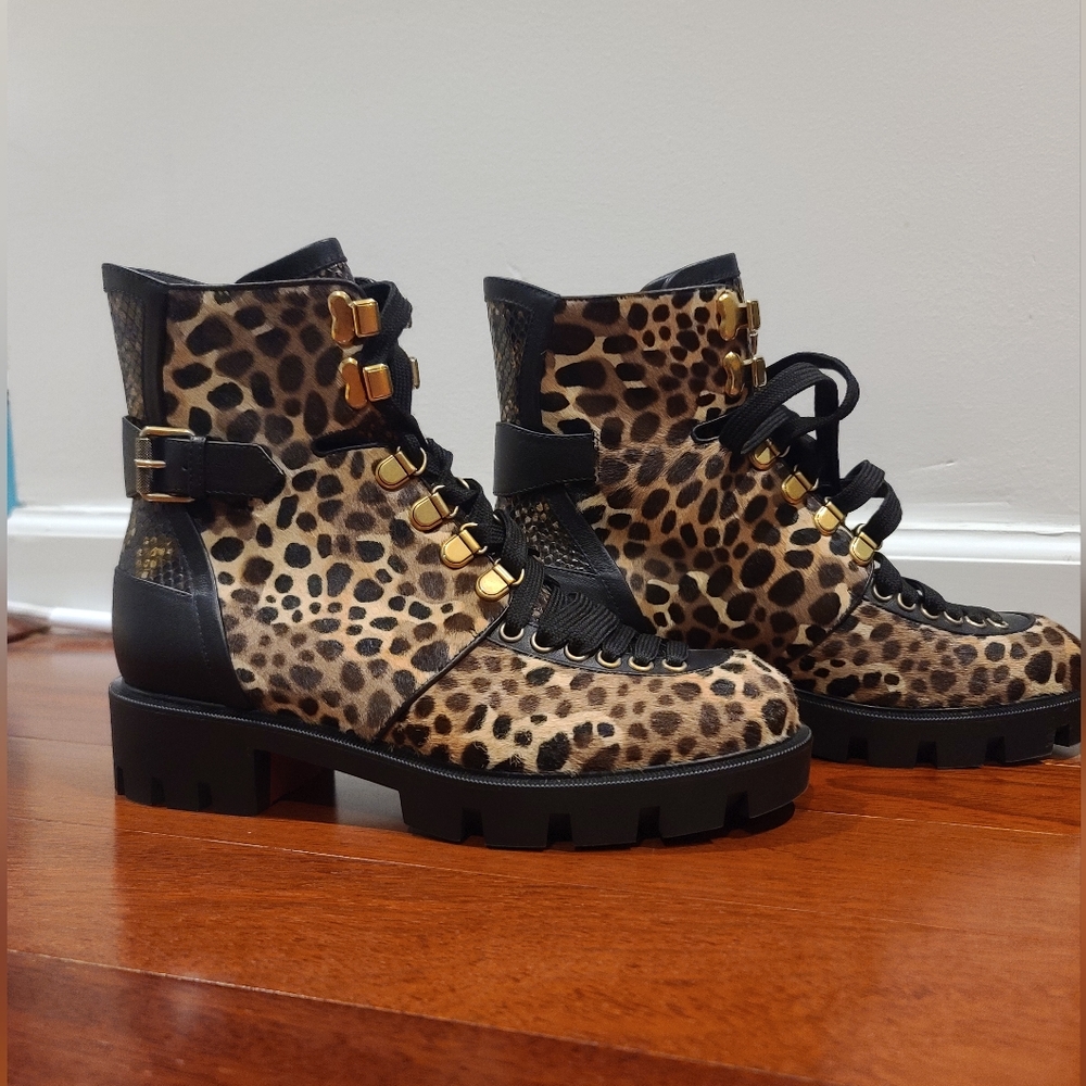 Christian Louboutin MACADEMIA Leopard Pony Lace Up Moto Biker Combat Boots
